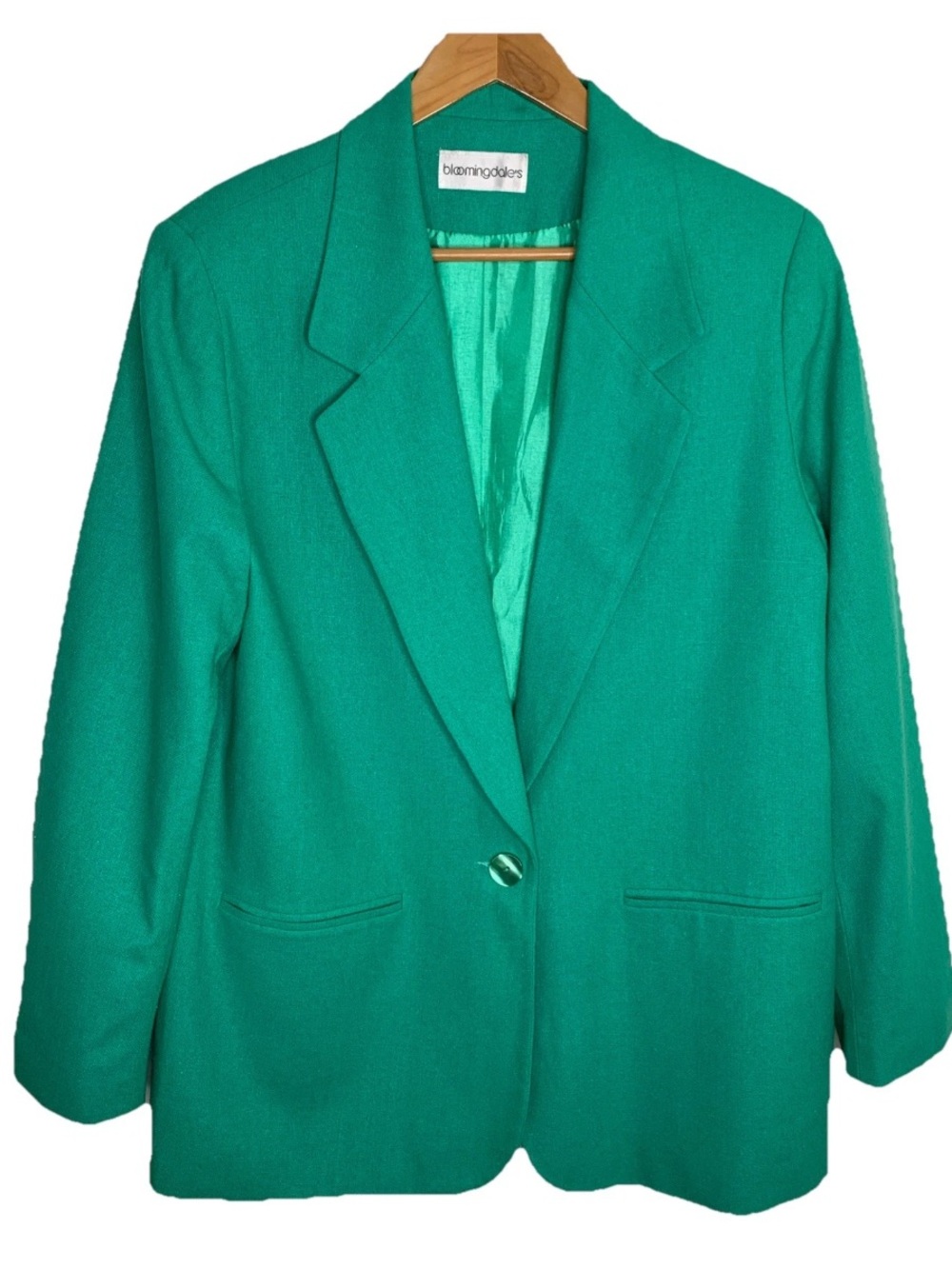 Bloomingdales Vintage Blazer Silk USA Sz 14 One Button Jade Career Wear Classy